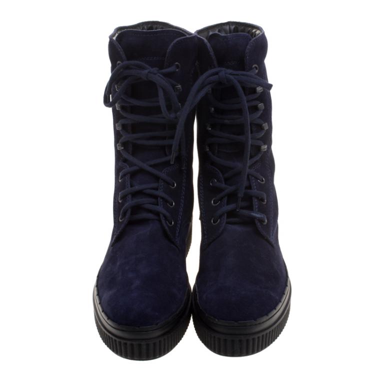 Pre Owned Tods Navy Blue Suede Lace Up Ankle Boots Size 41