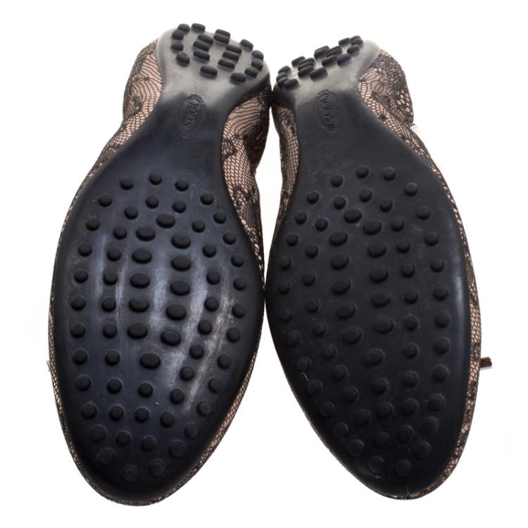 Pre Owned Tod's Two Tone Lace Detail Bow Scrunch Ballet Flats Size 38