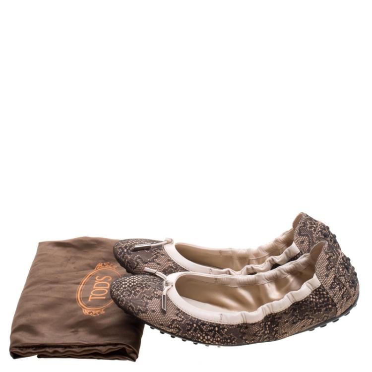 Pre Owned Tod's Two Tone Lace Detail Bow Scrunch Ballet Flats Size 38