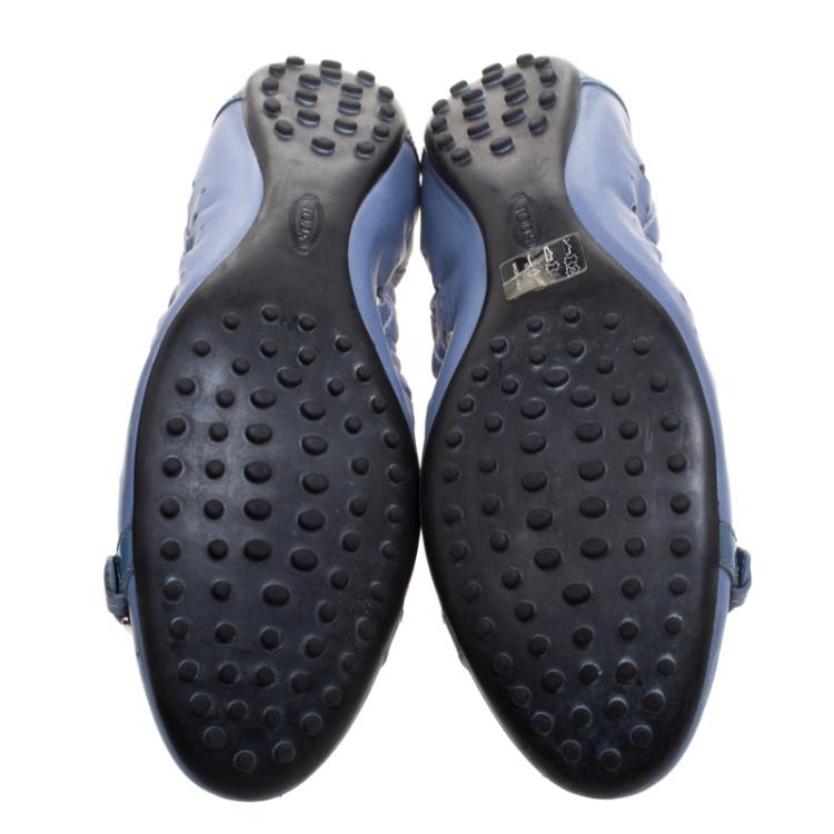 Pre Owned Tod's Cerulean Blue Perforated Leather Buckle Detail Scrunch Ballet Flats Size 41.5