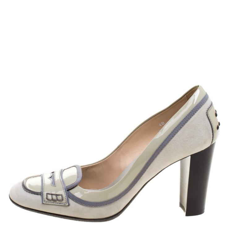Pre Owned Tod's Grey Patent Leather and Suede Penny Loafer Pumps Size 40