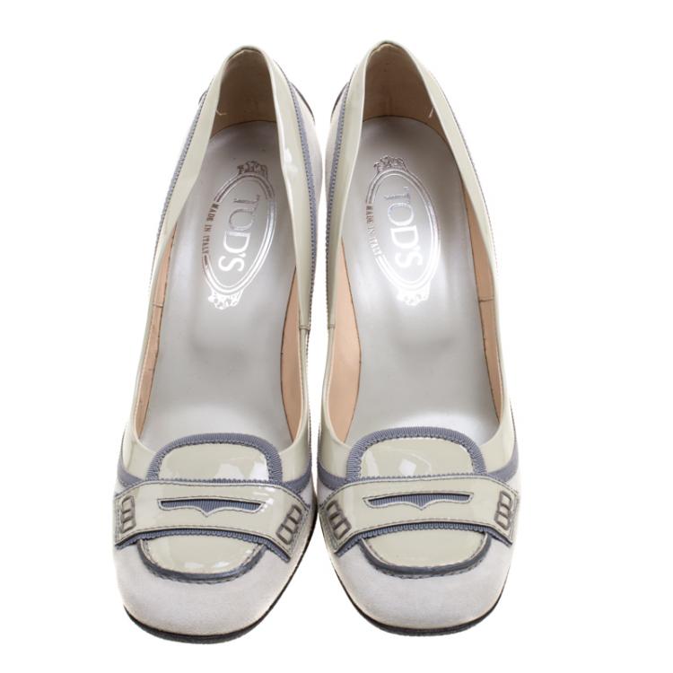 Pre Owned Tod's Grey Patent Leather and Suede Penny Loafer Pumps Size 40