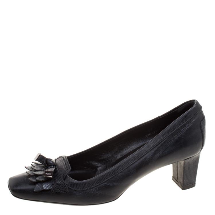 Pre Owned Tod's Black Leather Square Toe Fringe Loafer Pumps Size 37