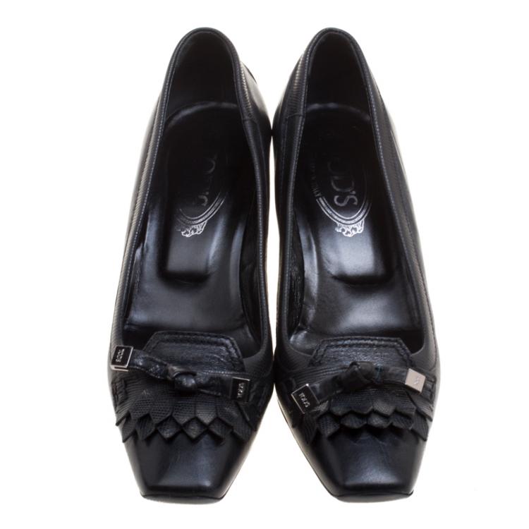Pre Owned Tod's Black Leather Square Toe Fringe Loafer Pumps Size 37