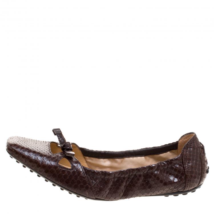 Pre Owned Tod's Brown Python Leather Bow Scrunch Ballet Flats Size 38.5