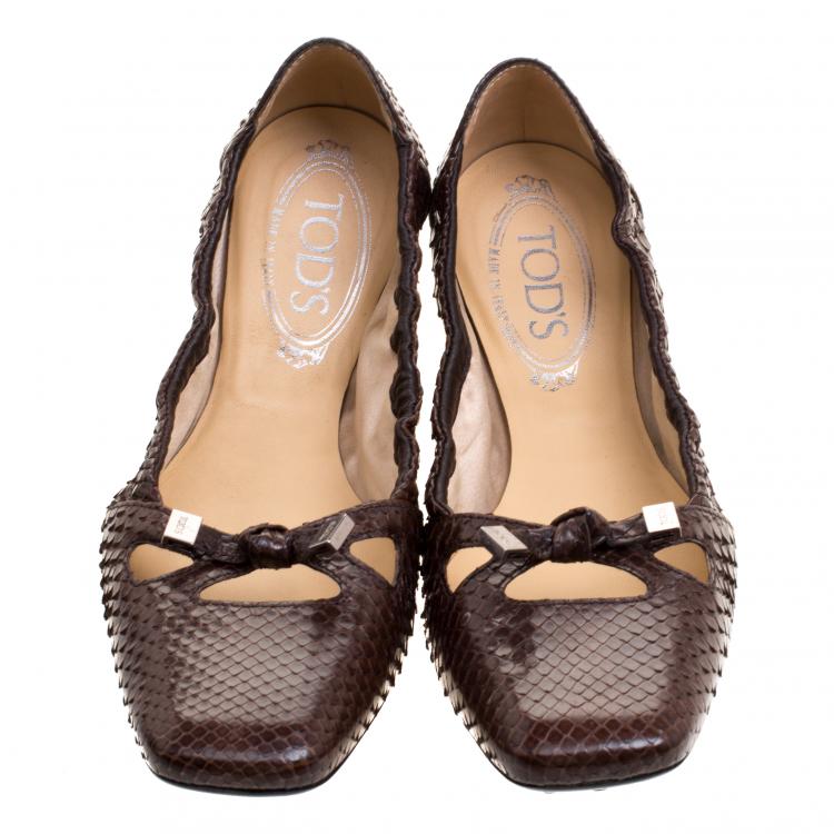 Pre Owned Tod's Brown Python Leather Bow Scrunch Ballet Flats Size 38.5