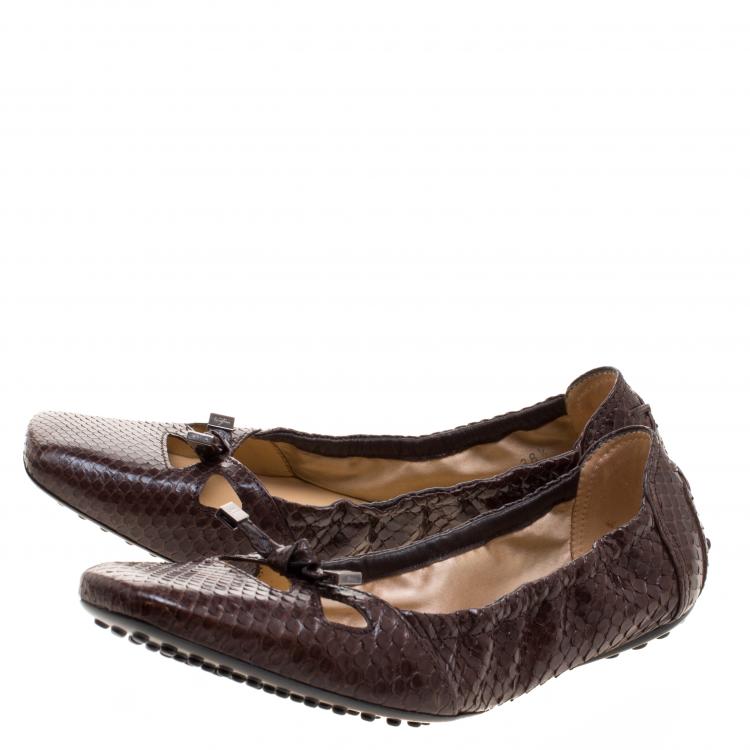 Pre Owned Tod's Brown Python Leather Bow Scrunch Ballet Flats Size 38.5