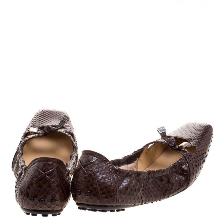 Pre Owned Tod's Brown Python Leather Bow Scrunch Ballet Flats Size 38.5