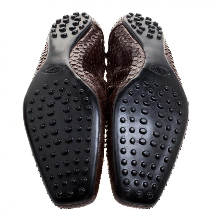 Pre Owned Tod's Brown Python Leather Bow Scrunch Ballet Flats Size 38.5