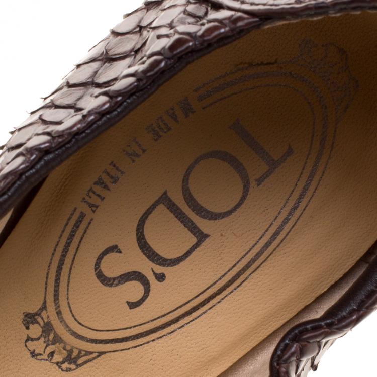 Pre Owned Tod's Brown Python Leather Bow Scrunch Ballet Flats Size 38.5