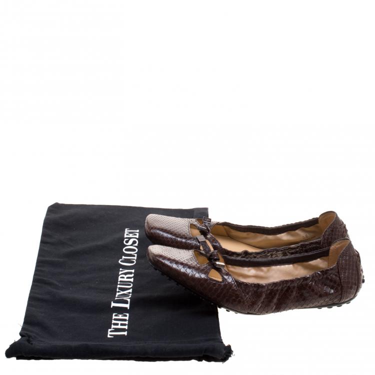 Pre Owned Tod's Brown Python Leather Bow Scrunch Ballet Flats Size 38.5