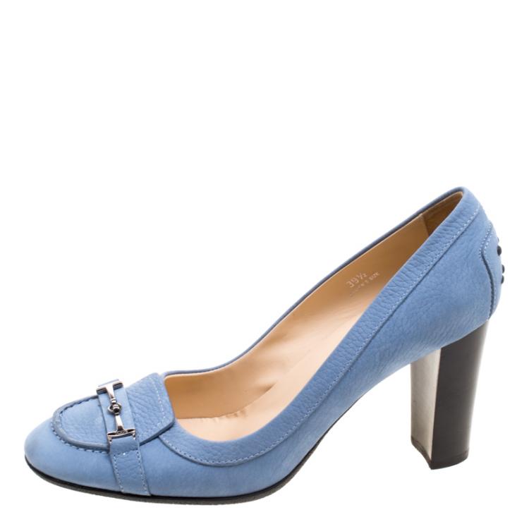 Pre Owned Tod's Powder Blue Leather Loafer Pumps Size 39.5