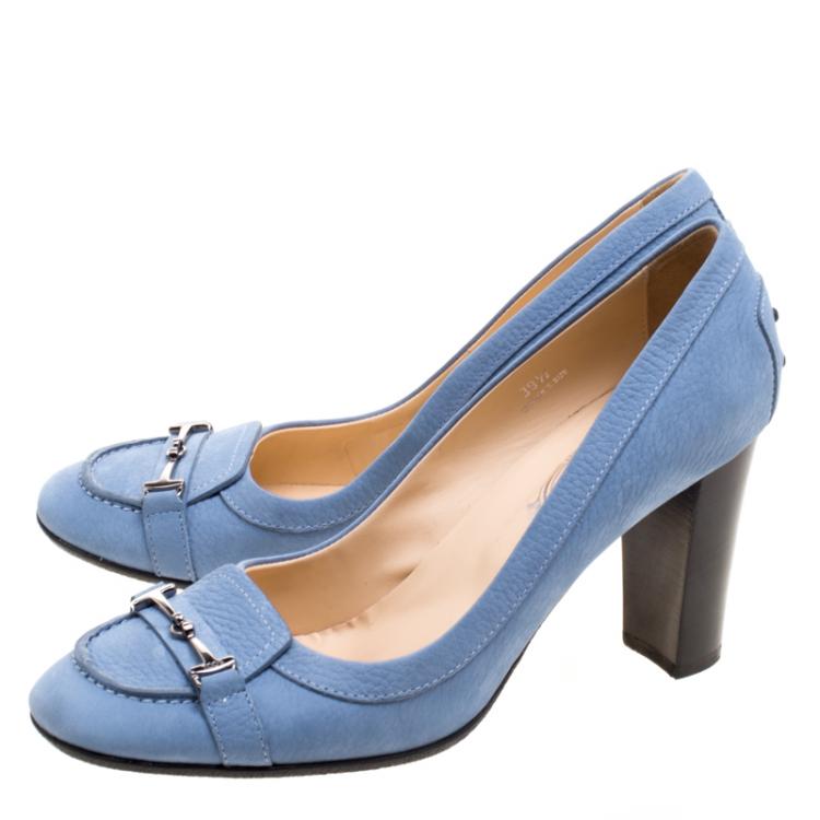 Pre Owned Tod's Powder Blue Leather Loafer Pumps Size 39.5