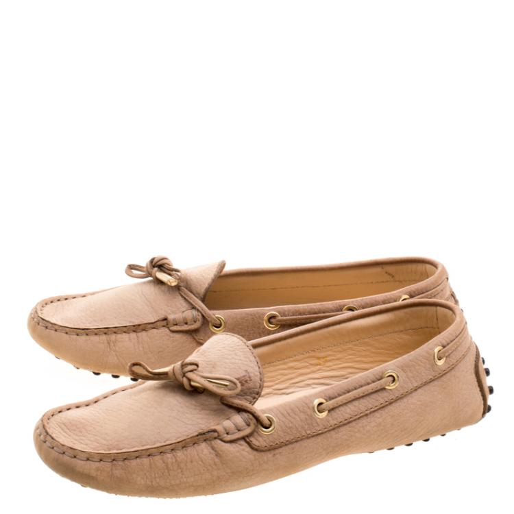Pre Owned Tod's Beige Leather Bow Loafers Size 37
