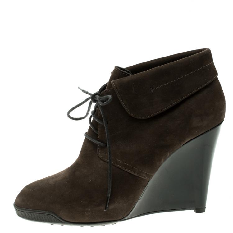 Pre Owned Tod's Dark Brown Leather Wedge Ankle Booties Size 38