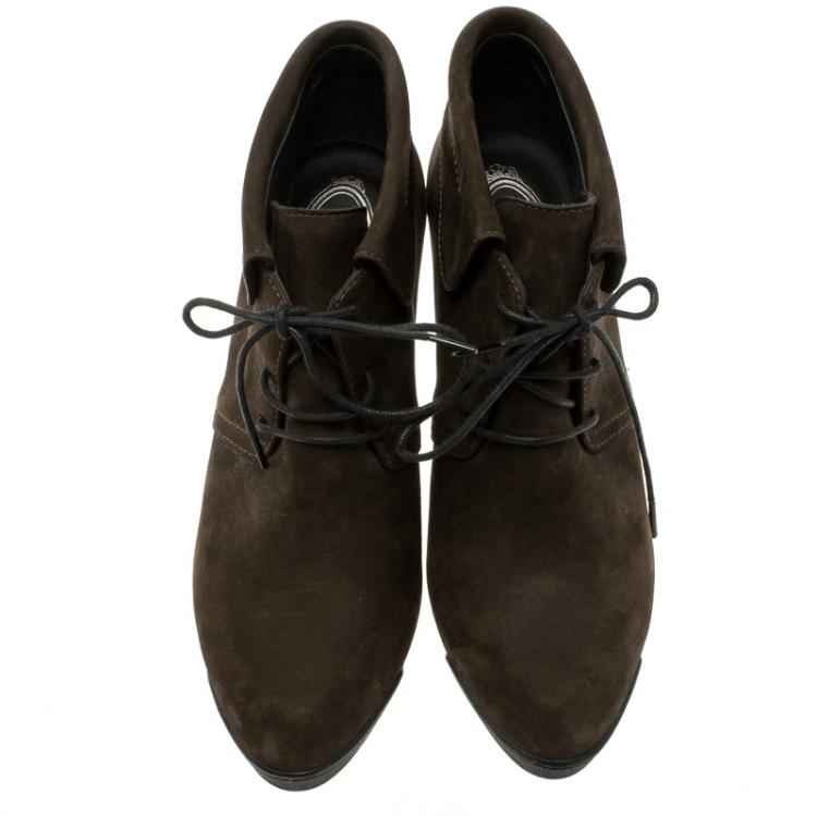 Pre Owned Tod's Dark Brown Leather Wedge Ankle Booties Size 38