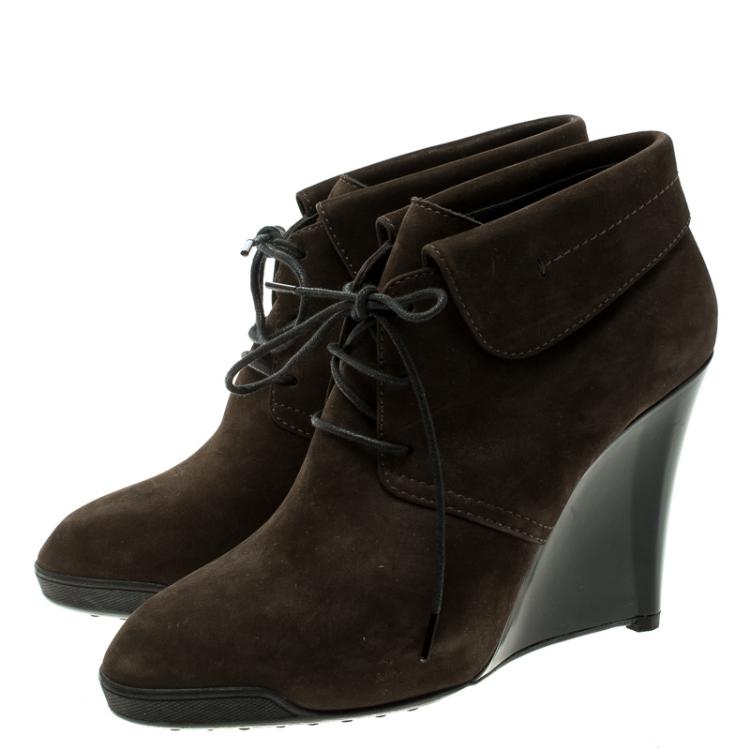 Pre Owned Tod's Dark Brown Leather Wedge Ankle Booties Size 38