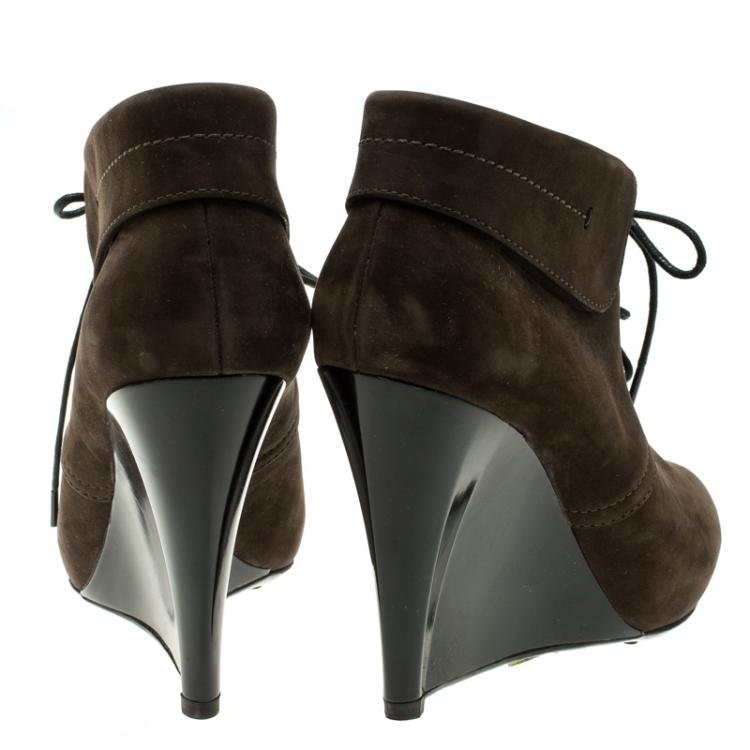 Pre Owned Tod's Dark Brown Leather Wedge Ankle Booties Size 38
