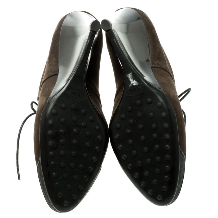 Pre Owned Tod's Dark Brown Leather Wedge Ankle Booties Size 38