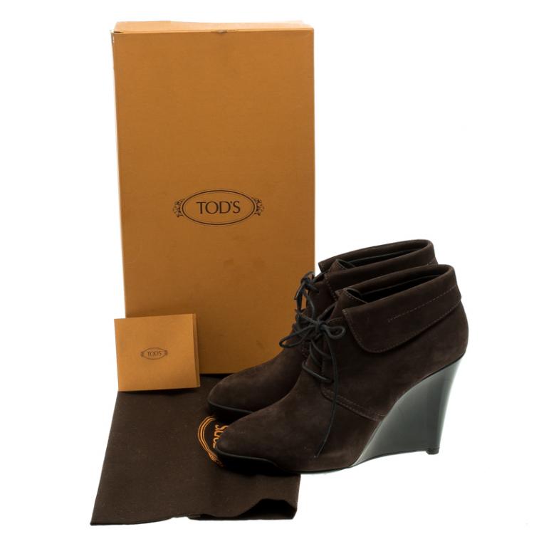 Pre Owned Tod's Dark Brown Leather Wedge Ankle Booties Size 38