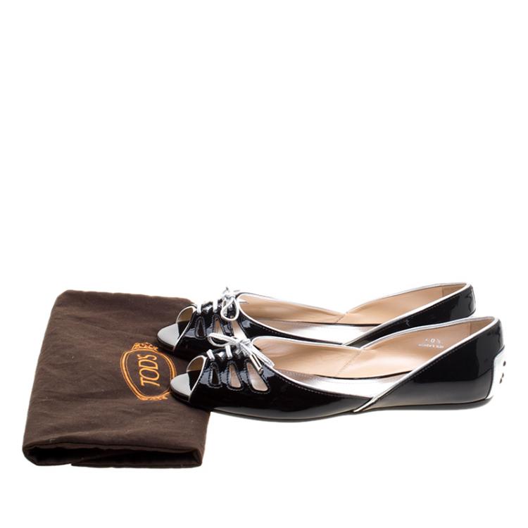 Pre Owned Tod's Black Patent Leather Peep Toe Ballet Flats Size 40.5