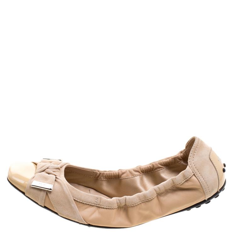 Pre Owned Tod's Beige Patent/Suede and Leather Ballet Flats Size 40.5