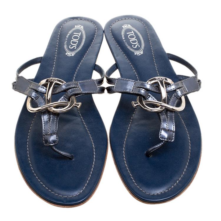 Pre Owned Tod's Navy Blue Patent Leather Flat Thong Sandals Size 38