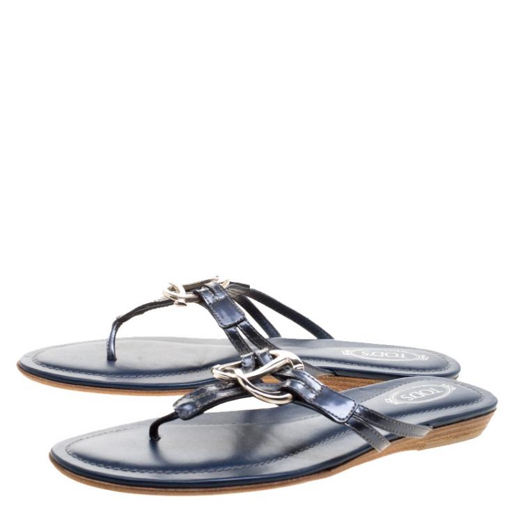 Pre Owned Tod's Navy Blue Patent Leather Flat Thong Sandals Size 38