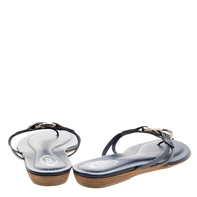 Pre Owned Tod's Navy Blue Patent Leather Flat Thong Sandals Size 38
