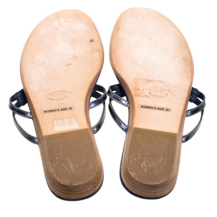 Pre Owned Tod's Navy Blue Patent Leather Flat Thong Sandals Size 38