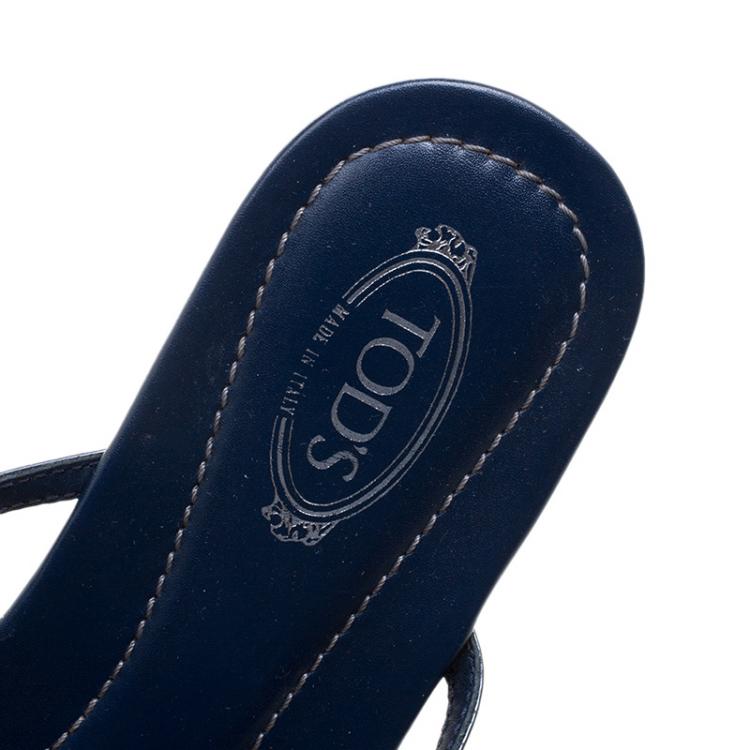 Pre Owned Tod's Navy Blue Patent Leather Flat Thong Sandals Size 38