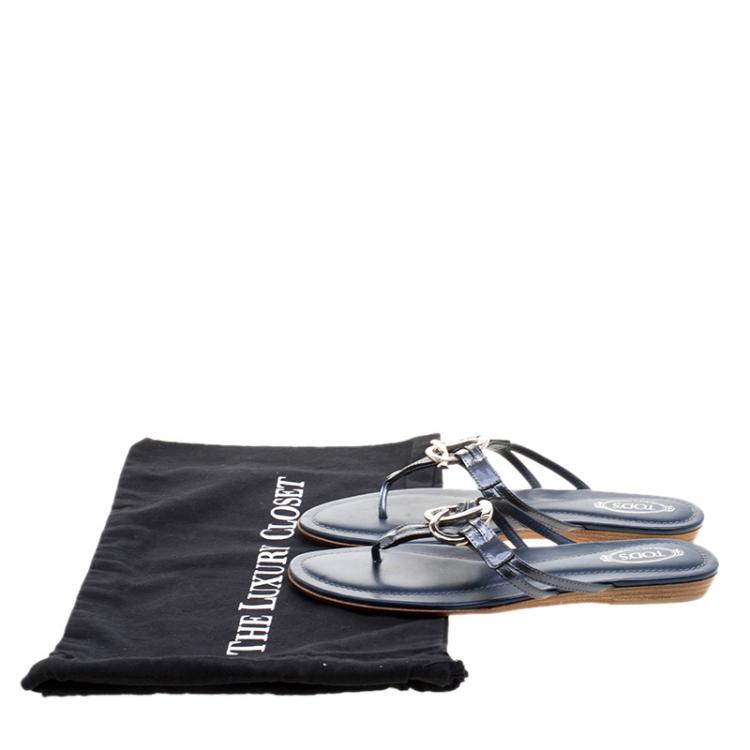 Pre Owned Tod's Navy Blue Patent Leather Flat Thong Sandals Size 38