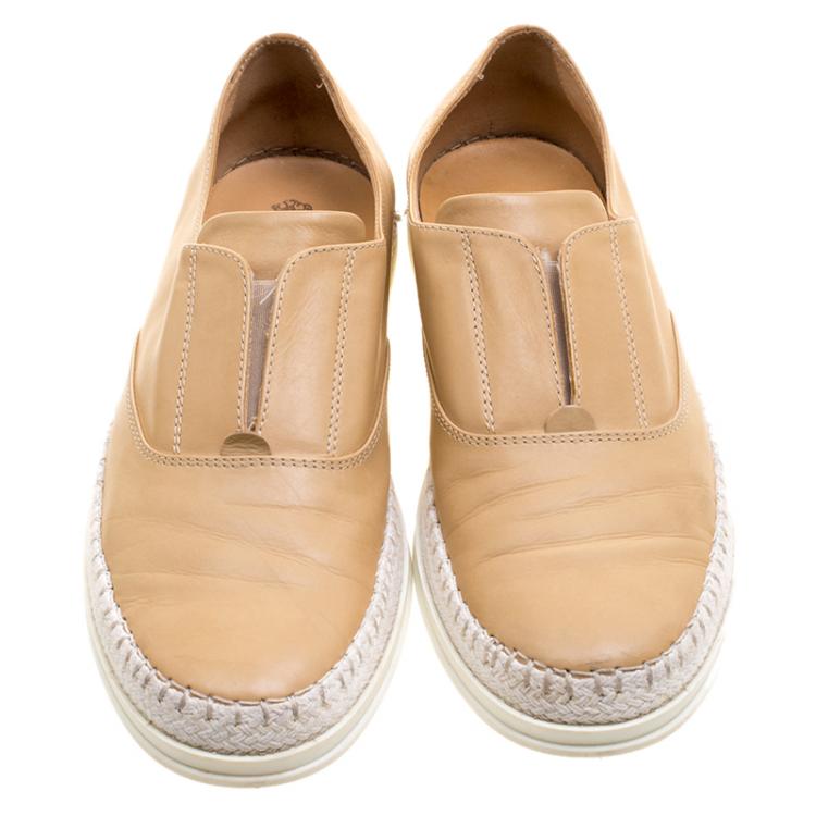 Pre Owned Tod's Light Brown Leather Francesina Slip On Espadrille Sneakers Size 37.5