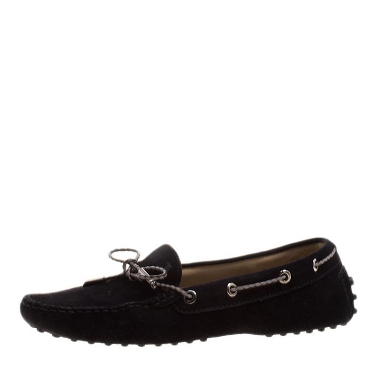 Pre Owned Tod's Black Suede Braided Bow Loafers Size 37.5