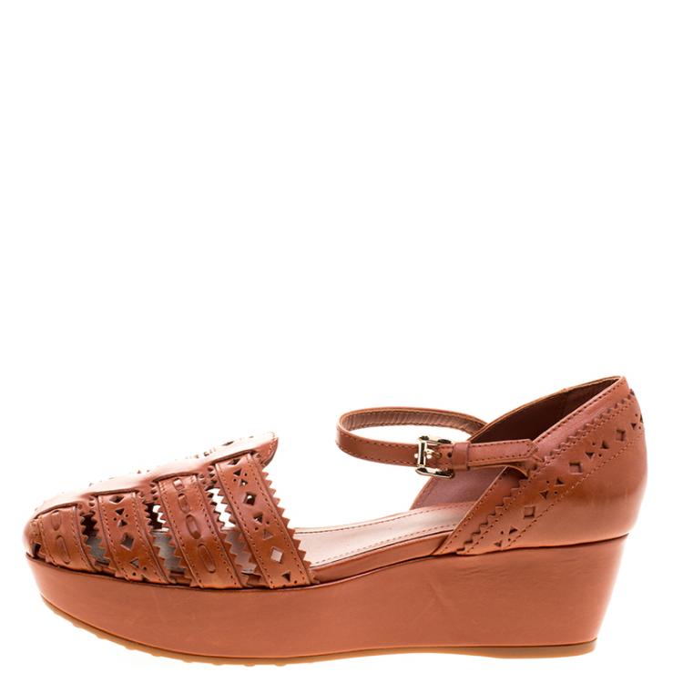 Pre Owned Tod's Brown Cutout Leather Ankle Strap Wedge Sandals Size 39