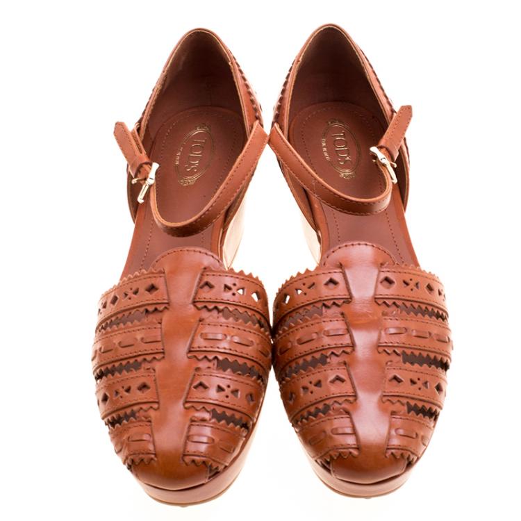 Pre Owned Tod's Brown Cutout Leather Ankle Strap Wedge Sandals Size 39