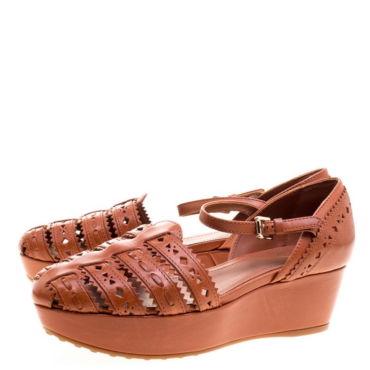 Pre Owned Tod's Brown Cutout Leather Ankle Strap Wedge Sandals Size 39