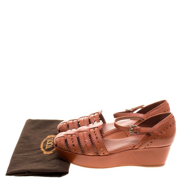 Pre Owned Tod's Brown Cutout Leather Ankle Strap Wedge Sandals Size 39