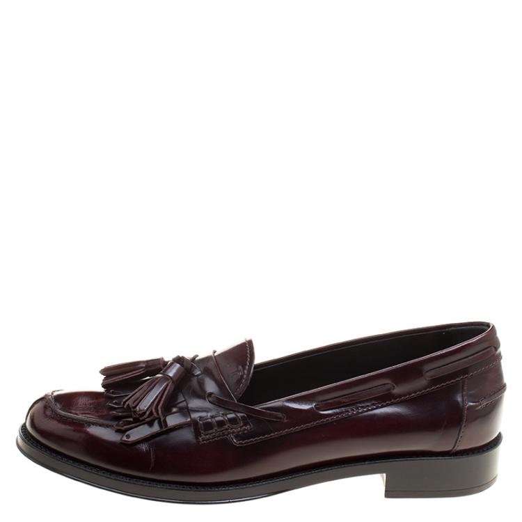 Pre Owned Tod's Maroon Leather Tassel Fringe Detail Loafers Size 37.5