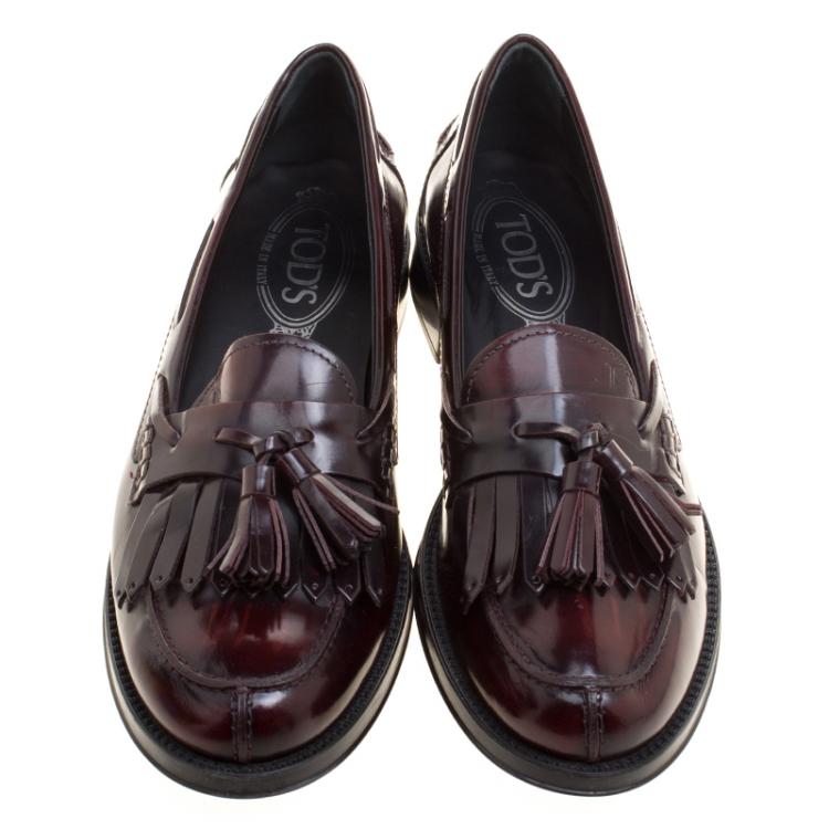 Pre Owned Tod's Maroon Leather Tassel Fringe Detail Loafers Size 37.5
