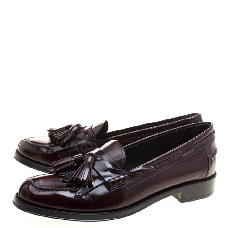 Pre Owned Tod's Maroon Leather Tassel Fringe Detail Loafers Size 37.5
