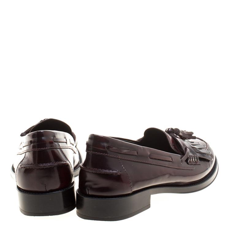 Pre Owned Tod's Maroon Leather Tassel Fringe Detail Loafers Size 37.5