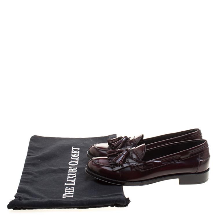 Pre Owned Tod's Maroon Leather Tassel Fringe Detail Loafers Size 37.5