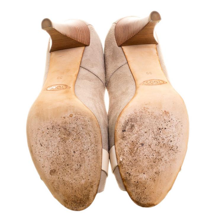 Pre Owned Tod's Beige Suede Buckle Peep Toe Pumps Size 39