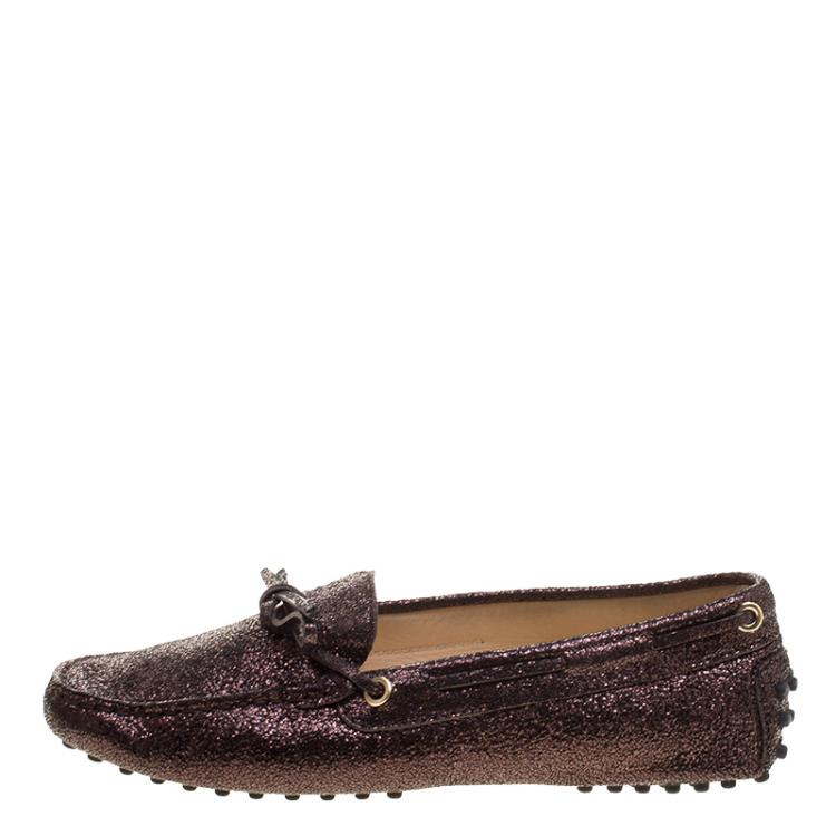 Pre Owned Tod's Metallic Bronze Embossed Suede Bow Loafers Size 37