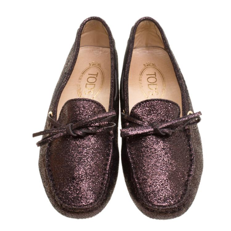 Pre Owned Tod's Metallic Bronze Embossed Suede Bow Loafers Size 37
