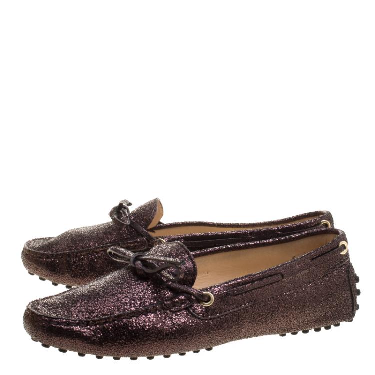 Pre Owned Tod's Metallic Bronze Embossed Suede Bow Loafers Size 37
