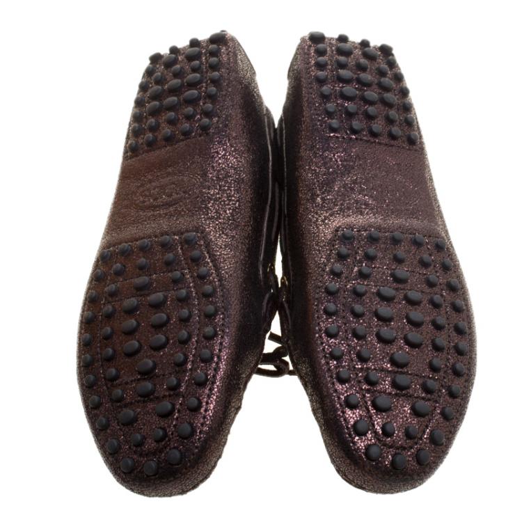 Pre Owned Tod's Metallic Bronze Embossed Suede Bow Loafers Size 37