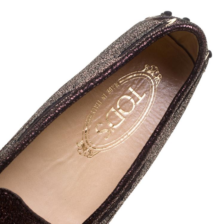 Pre Owned Tod's Metallic Bronze Embossed Suede Bow Loafers Size 37