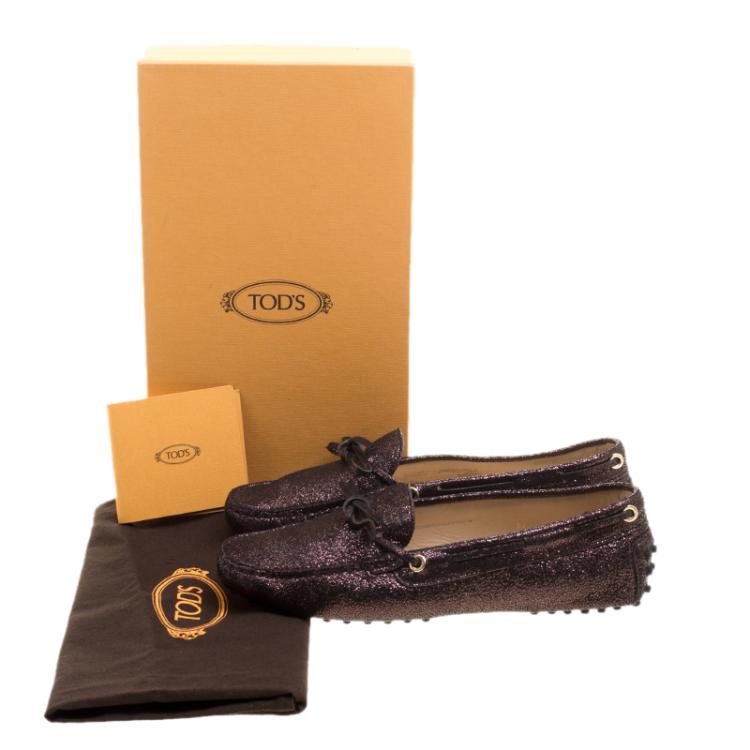 Pre Owned Tod's Metallic Bronze Embossed Suede Bow Loafers Size 37